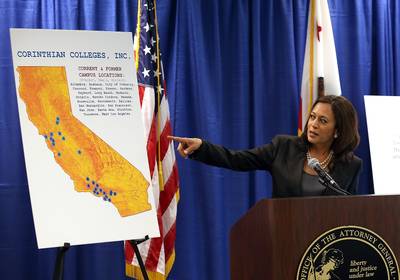 The Fall of a Controversial Company - In October, California Attorney General Kamala Harris filed a lawsuit against Corinthian Colleges, Inc. accusing the company of fraud and lying about job placement statistics.&nbsp;Corinthian College was placed on cash monitoring last year by the U.S. Department of Education, after the company failed to provide answers to their practices and clarify marketing claims made to students. Annually, they were receiving more than $1.4 billion in student aid from the government.(Photo: Justin Sullivan/Getty Images)