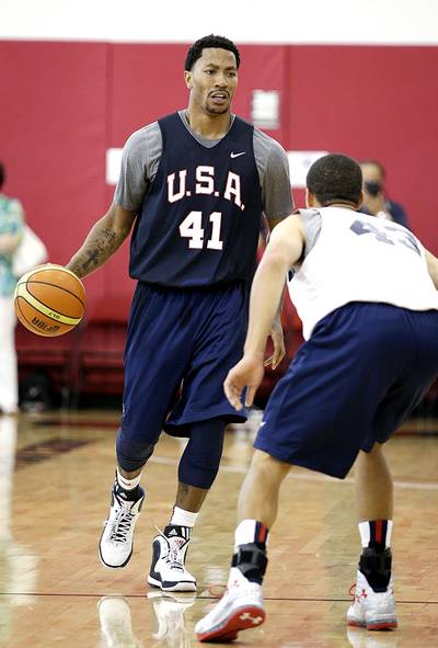 Derrick Rose Looked Good During Team USA Practice - Derrick Rose has played in only 10 games the past two NBA seasons because of a torn ACL in his left knee and torn meniscus in his right knee. Yet, the Chicago Bulls point guard looked like his aggressive self during Team USA training camp in Las Vegas on Monday, slashing to the hoop and dribble driving before pulling up with jumpers. “My confidence is very high, and that's the only thing you might see this year,” Rose told ESPN, “that my confidence level is through the roof.&quot;&nbsp;(Photo: John Locher/AP Photo)