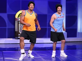 Two Wild and Crazy Guys - Dwayne &quot;The Rock&quot; Johnson and host Jimmy Fallon have a blast filming the &quot;Pomanti Brothers Fitness Video&quot; skit on The Tonight Show Starring Jimmy Fallon. &nbsp;(Photo: Douglas Gorenstein/NBC/NBCU Photo Bank via Getty Images)