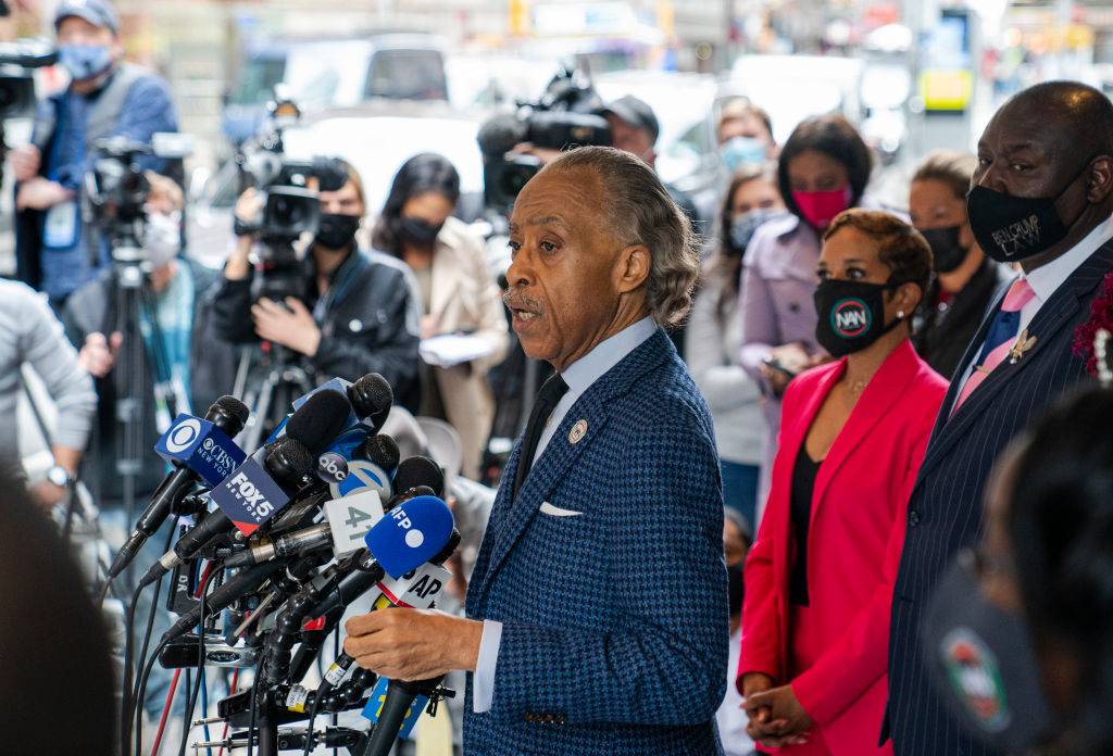 NEW YORK, NEW YORK - APRIL 14: The Rev. Al Sharpton is joined by attorney Ben Crump (R) and numerous members of the Mothers of the Movement at a news conference to comment on the George Floyd and Daunte Wright cases on April 14, 2021 in New York City. Crump is the attorney for the family of Daunte Wright, who was shot and killed Sunday after being pulled over during a traffic stop in Brooklyn Center, Minnesota. (Photo by Robert Nickelsberg/Getty Images)
