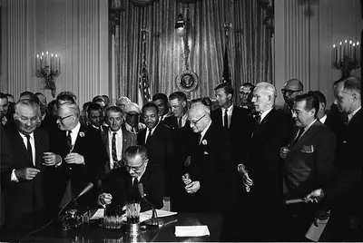 Voting Rights Act of 1965 - Signed by President Lyndon B. Johnson on Aug. 6, 1965, the Voting Rights Act of 1965 prohibited discriminatory voting practices adopted in many Southern states after the Civil War, including poll taxes, literacy tests and other measures meant to deny African-Americans the right to vote. A recent ruling by the United States Supreme Court invalidated a key section requiring nine states to have federal approval before changing their voting laws and regulations.  (Photo: Cecil Stoughton/ White House Press Office)