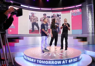 Around the World - Check out the view of the 106 rotating stage. Brandon T. Jackson (R) is going around the world with hosts Bow Wow and Angela Simmons.&nbsp; (Photo:&nbsp; Rob Kim/BET/Getty Images for BET)