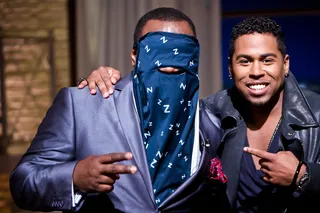 The Latest Craze - Rodney Perry models the latest sleeping device invented by Bobby V's mother: a scarf to put over your eyes while sleeping on an airplane.(Photo: Darnell Williams/BET)