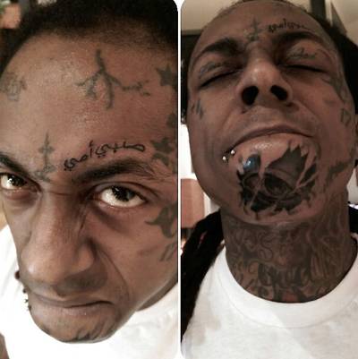 Lil Wayne - Weezy&nbsp;may be addicted to tattoos at this point. His latest artwork includes an Eye of Providence covering his chin, which represents God looking over everything, and Arabic text over his left eyebrow, which according to&nbsp;LilWayneHQ,&nbsp;translates to &quot;Mumma's Boy.&quot;The ink was done by tattoo artist&nbsp;Spider&nbsp;of the&nbsp;San Clemente Tattoo shop, who posted his latest creations on&nbsp;Instagram&nbsp;and got the Internet buzzing. &nbsp;(Photo: SpideyTat2 via Instagram)