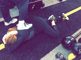 Khloe Kardashian @khloekardashian - "I think&nbsp;@gunnarfitness&nbsp;is trying to kill me!! Lol thanks&nbsp;@kendalljenner&nbsp;for being a witness and taking pictures instead of giving me water lol Just kidding sister! I love YOU"  Intense sessions in the gym are a great way to keep everything tight this holiday season, but they can sometimes result in this: fitness overload. Know when to take a break and sit out, or in this case, lay out!(Photo: Khloe Kardashian via Instagram)