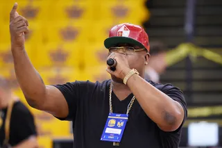 Ball Street Journal - Getting into gear with the Golden State's success in the NBA Finals, back when they were besting the Rockets,&nbsp;E-40 released a Warriors remix to &quot;Choices (Yup),&quot; and promised if they win, he'll bless the whole team with bottles of Sluricane.(Photo: Thearon W. Henderson/Getty Images)