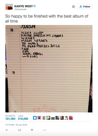 January 2016: The First Tracklist - Ten songs and we see two that we’ve already heard.(Photo: Kanye West via Twitter)