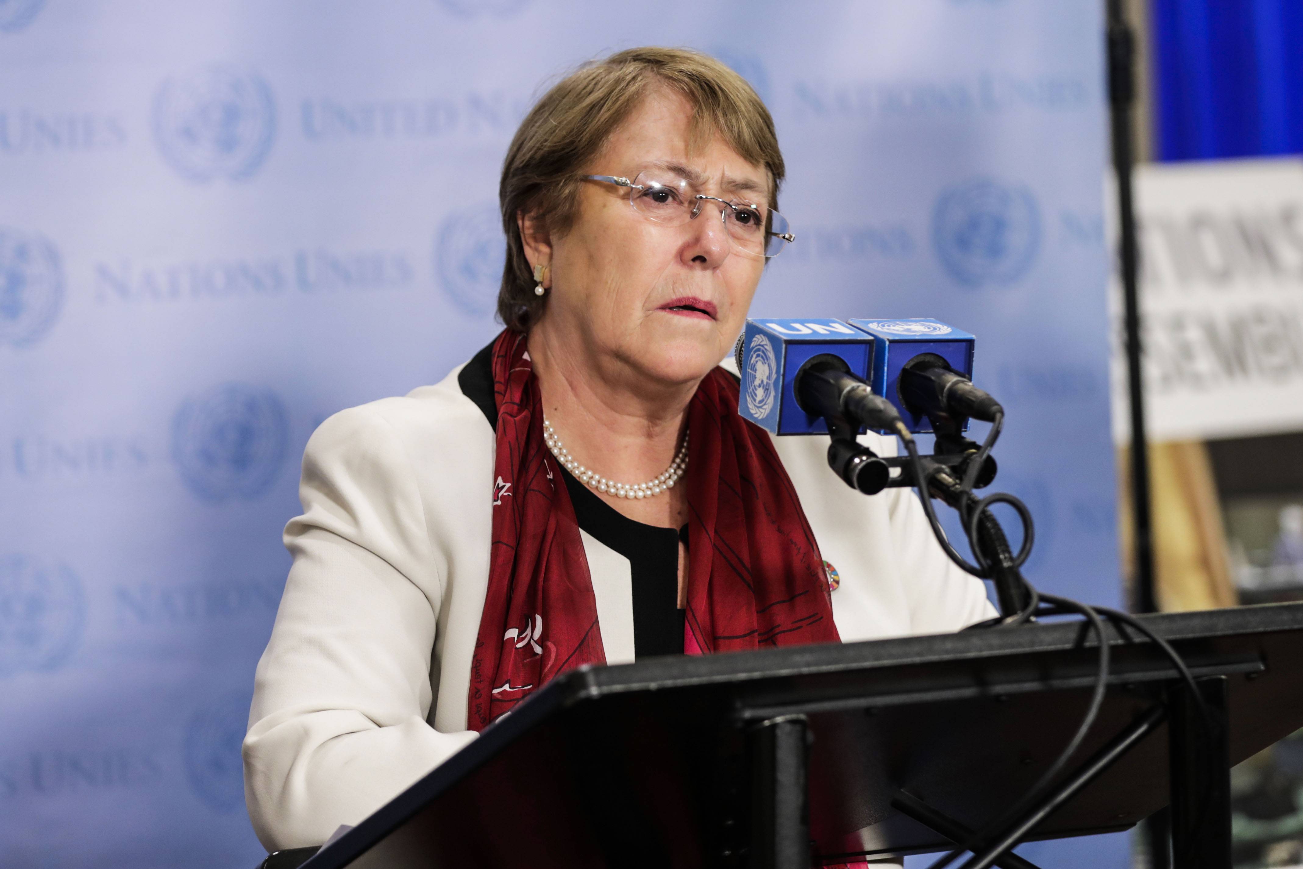 United Nations, New York, USA, September 26, 2018 - Michelle Bachelet, United Nations High Commissioner for Human Rights, briefs journalists today at the UN Headquarters in New York City.
(Photo by Luiz Rampelotto/NurPhoto via Getty Images)
