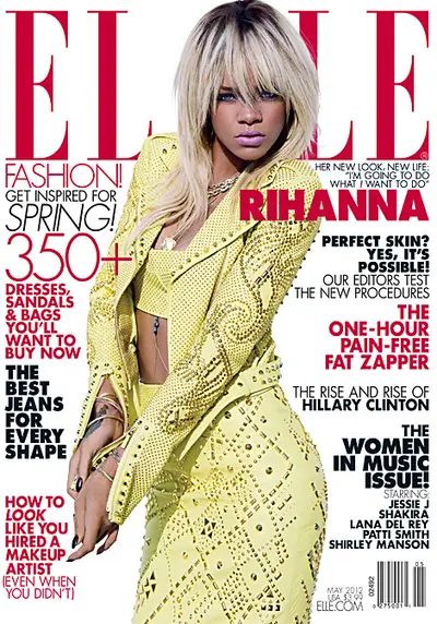 Rihanna on Elle - Rihanna's looking bold on the May cover of Elle magazine with a studded lambskin jacket and skirt from Versace and an oval link necklace and cable bracelets from David Yurman. Inside, she models pieces from Emporio Armani, Dior, Gucci and high-end lingerie.  (Photo: Courtesy Elle Magazine)