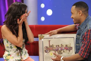 Don't Know What to Say - Rocsi Diaz breaks down as she presents Terrence J with a plaque stating that a star has been named after him because he is a rising star at 106 &amp; Park, April 20, 2012. (Photo: John Ricard / BET)