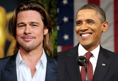Brad Pitt and Barack Obama - With Mother's Day around the corner, we got to thinking about which stars share blood with other fellow celebs. Some of the results surprise you. Take Brad Pitt: Researchers at the New&nbsp;England Historic Genealogical Society found out that he is a distant cousin of Barack Obama. The unlikely kin would probably be sending a Mom's Day card to a common great, great, great grandmother somewhere.(Photos from left: Valerie Goodloe/PictureGroup, Saul Loeb-Pool/Getty Images)