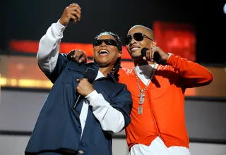 Queen Latifah and T.I. - The actress parodies her iconic character &quot;Cleo&quot; from 1996's Set It Off alongside Atlanta's Rubberband Man during the 2010 BET Awards at the Shrine Auditorium on June 27, 2010, in Los Angeles.(Photo: Frank Micelotta/PictureGroup)