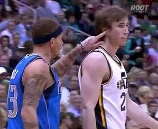 Old School Move - Delonte West of the Dallas Mavericks took it back to playground days when he appeared to give Utah Jazz forward Gordon Hayward a “wet willy” — the childhood prank of sticking a saliva-damp finger in the ear of an unsuspecting victim — after he was fouled for aggressively blocking Hayward during Monday’s game. It seems Hayward and the Jazz got the last laugh with a 123-121 triple overtime victory.  (Photo: Courtesy Root Sports/Fox Sports Net)