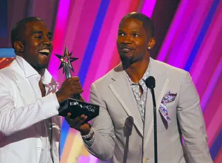 Kanye West and Jamie Foxx - The multi-talented artists and &quot;Goldigger&quot; performers accept the Best Duet/Collaboration Award at the&nbsp;6th Annual BET Awards. (Photo: M. Caulfield/WireImage.com)