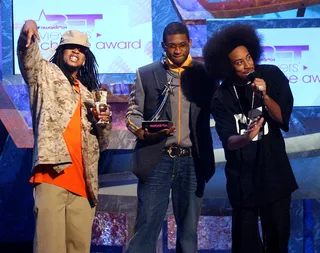 Lil Jon, Usher and Ludacris - The R&amp;B singer wins Best Male R&amp;B Artist and Viewers' Choice awards with the support of his "Yeah!" collaborators during the&nbsp;4th Annual BET Awards.(Photo: M. Caulfield/WireImage.com/Getty Images)