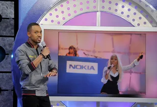 Call Me - Terrence J tells the audience about the recent surprise concert staged by Nicki Minaj at Times Square at 106 &amp; Park, April 9, 2012. (photo: John Ricard / BET)