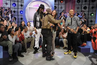 Hugs - Kanye West, 2 Chainz, Rocsi Diaz and Terrence J at 106 &amp; Park, April 9, 2012. (photo: John Ricard / BET)