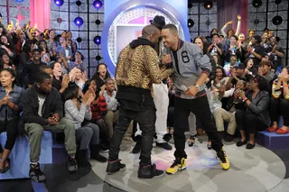 Good Music All Day - Kanye West greets Terrence J at 106 &amp; Park, April 9, 2012. (photo: John Ricard / BET)