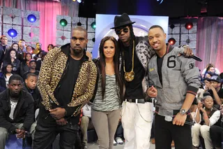 Stay Right There - Kanye West, 2 Chainz, Rocsi Diaz and Terrence J at 106 &amp; Park, April 9, 2012. (photo: John Ricard / BET)