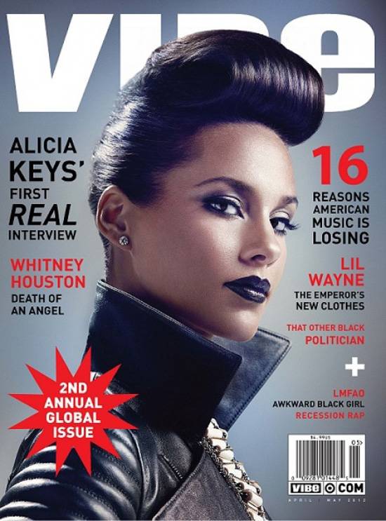 Alicia Keys on Vibe - Alicia Keys rocks an edgier look as she shows up on the April/May 2012 cover of Vibe. In an interview for the magazine’s “2nd Annual Global Issue,” the R&amp;B diva sits down with her hubby Swizz Beatz and the two discuss how they became soul mates.  (Photo: Courtesy VIBE Magazine)