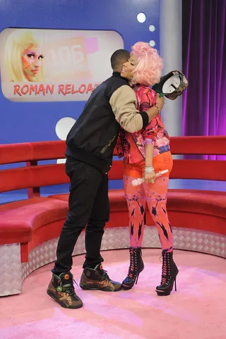 Hugs Please - Nicki Minaj and Terrence J at 106 &amp; Park, April 3, 2012. (photo: John Ricard / BET)