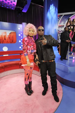 She's on One - Nicki Minaj and Baby at 106 &amp; Park, April 3, 2012. (photo: John Ricard / BET)