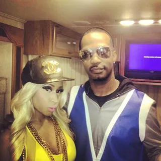 Juicy J @juicyj - Juicy J takes a break with Nicki Minaj from shooting Wale's &quot;Clappers&quot; video. Both are featured on his new gogo beat joint. (Photo: Instagram via juicyj)
