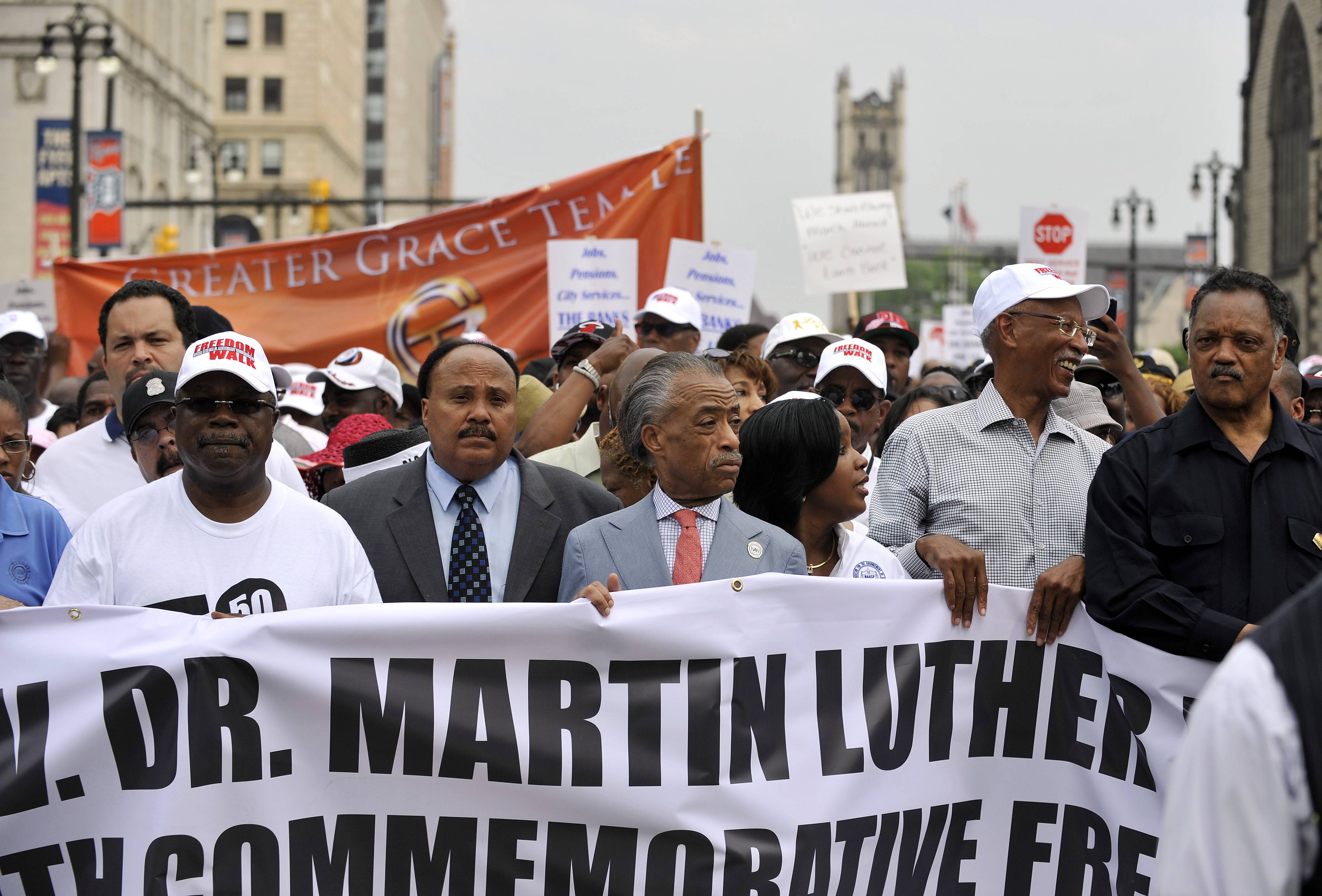 MLK’s 1963 Detroit March Remembered&nbsp; - Thousands gathered in Detroit to walk in remembrance of Martin Luther King Jr.’s march in the city 50 years ago. Rev. Al Sharpton, Jesse Jackson and Detroit Mayor Dave Bing led the march and rally Saturday. &nbsp;(Photo: Detroit News, John T. Greilick/AP)