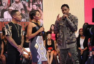 Militant  - Travis Scott wears all army inspired clothing while chopping it up with Angela and Bow Wow.&nbsp; (photo: John Ricard / BET)&nbsp;&nbsp;