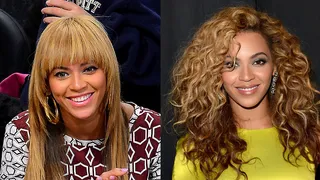 Beyoncé - Beyoncé looked stunning with bangs sitting courtside at a Nets game at Barclays Centert. Her new appearance made her eyes pop and showed off her amazing cheekbones.&nbsp;  (Photos from left: James Devaney/WireImage, Jason Merritt/Getty Images For BET)