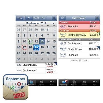 BillTracker - Manage all your bills with the BillTracker app ($1.99) so you'll know when each one's due, have confirmation numbers organized, be reminded of upcoming dates and see complete payment history for each account. Available for iPhone and iPad.&nbsp;(Photo: Courtesy of snaptapapps.com)