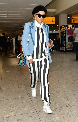 Rita Ora - Rita Ora went bold as she arrived into Heathrow airport in London. (Photo: Palace Lee, PacificCoastNews)