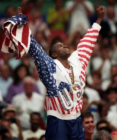 The Glory - Magic Johnson celebrates his gold medal win.&nbsp;(Photo: REUTERS/Ray Stubblebine /Landov)