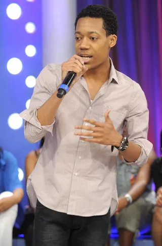 Focused - Tyler James Williams raps for audience members at 106 &amp; Park, June 12, 2012. (Photo: John Ricard / BET)