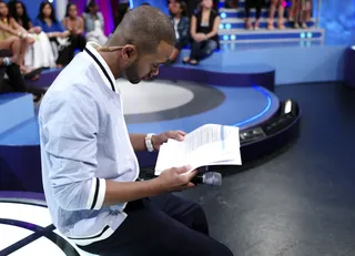 My Lines - Terrence J goes over his script during a commercial break at 106 &amp; Park, June 12, 2012. (Photo: John Ricard / BET)