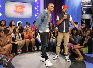 Holla - Chris Brown and Terrence J at 106 &amp; Park, June 11, 2012. (Photo: John Ricard / BET)