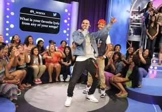 Hey - Chris Brown says that his favorite song lyric is "It's not even my birthday" by Rihanna featuring himself at&nbsp;106 &amp; Park, June 11, 2012.  (Photo: John Ricard / BET)