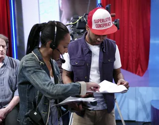 Lets See Here - Terrence J goes over script with Producer Stasia at 106 &amp; Park, June 11, 2012. (Photo: John Ricard / BET)