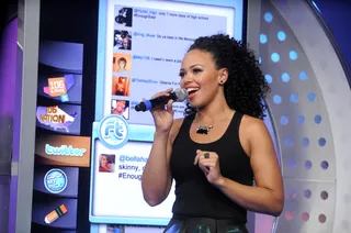 Tweet Me - Elle Varner checks the Twitter feed at 106 &amp; Park, June 8, 2012. (Photo: John Ricard / BET)