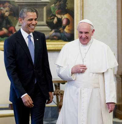 A President and a Pope Walk Into a Room... - It was like Christmas in March. During their first meeting, which took place at the Vatican in Rome, Obama and Pope Francis had a gift exchange on March 27, 2014. The president gave the pope a box made from timber from the first cathedral to open in the United States, in Baltimore, filled with seeds from his wife's White House garden. In return, he received two medallions and a copy of Evangelii Gaudium, or The Joy of the Gospel,&nbsp;penned by the pope, which calls for a a renewed focus on the poor.  (Photo: AP Photo/Pablo Martinez Monsivais)