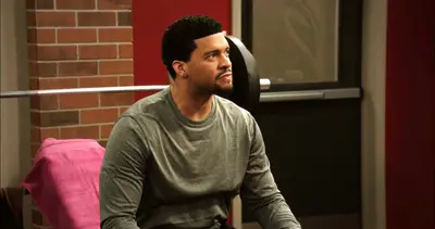 Really? - Trying to prove himself to Stacy, Charles gets a front-row seat on the gym-struggle bus.&nbsp;(Photo: BET)