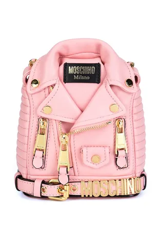 Moschino Mini Biker Jacket Backpack ($1,660) - Pink calf leather and gold tone zips, studs and logo patch make this tiny bag a huge showstopper.
