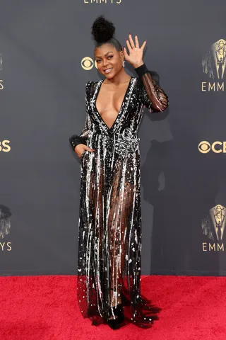 Taraji P. Henson - Taraji P. Henson was perfection in a pocketed sequin covered dress designed by Elie Saab. The dress featured a plunging v neckline and was paired with Roberto Coin black heels and silver jewelry by Sophia Webster.&nbsp; (Photo by Rich Fury/Getty Images)