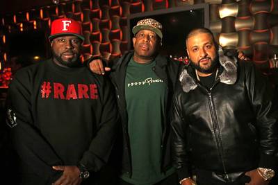 Hey, Mr. DJ - Funk Master Flex, DJ Premier and DJ Khaled&nbsp;pose for a photo inside the Hennessy V.S and the Global Spin Awards hosted &quot;GSA Honoree Dinner&quot; celebrating hip hop pioneers Premier and Flex at ZBar in NYC.(Photo: Vensley Greene / VdotPhotography)