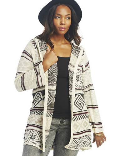 Wet Seal Festive Hooded Duster Cardi - Duster cardigans are essential for the office, particularly those buildings that seem to oscillate between sweltering and freezing. The festive banded print on this particular duster is a great fit for the winter holiday season. (Photo: WET SEAL)