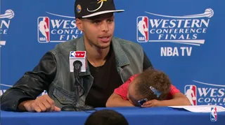Stephen Curry's Daughter Riley - Riley Curry interrupted her dad's speech last year just to sing the hook to Big Sean's &quot;Blessings.&quot; And she made sure that her eyes were on media members during his MVP speech this year. Cutest NBA kid of them all!&nbsp;(Photo: NBA via YouTube)
