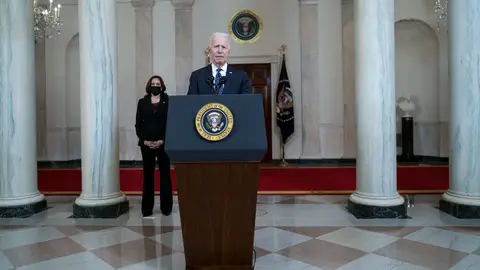 President Joe Biden  with Vice President Kamala Harris looking on makes remarks about the Derek Chauvin Trial, at the White House, Tuesday April, 20, 2021. (Photo by Doug Mills/The New York Times)