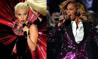 "Telephone" - Lady Gaga is often heralded as the second coming of Madonna, so it was only right that the over-the-top superstar enlisted Beyoncé for the remix of her hit "Telephone" a few years back. Let's just say that Queen Bey stepped in and slayed her verse!  (Photos from left: Gareth Cattermole/Getty Images,&nbsp; Kristian Dowling/PictureGroup)