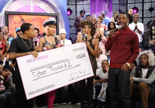 Big Checks - Nicki Minaj donates $15,000 to the Food Bank of New York at 106 &amp; Park, November 19, 2012. (Photo: John Ricard / BET)