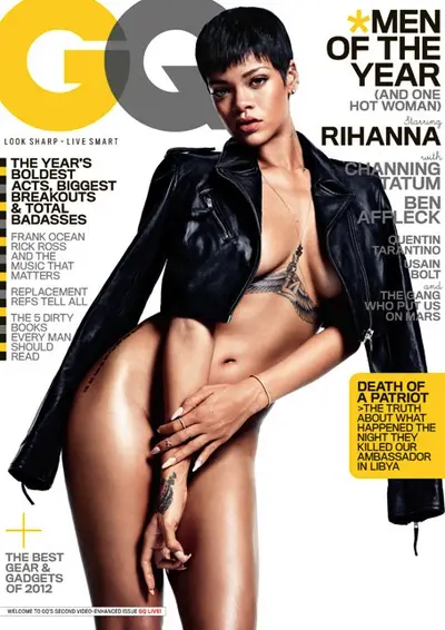 GQ, December 2012 - Rihanna is the first woman to cover GQ magazine’s “Men of the Year” issue, and the sexy songstress isn’t afraid to mark her territory by baring it all. Ri Ri poses in nothing but a cropped, unzipped leather jacket on the December cover, exuding pure beauty and bad-ass-ness. Now, check out 19 more drool-worthy magazine covers, all courtesy of the “Diamonds” diva.  (Photo: GQ Magazine)